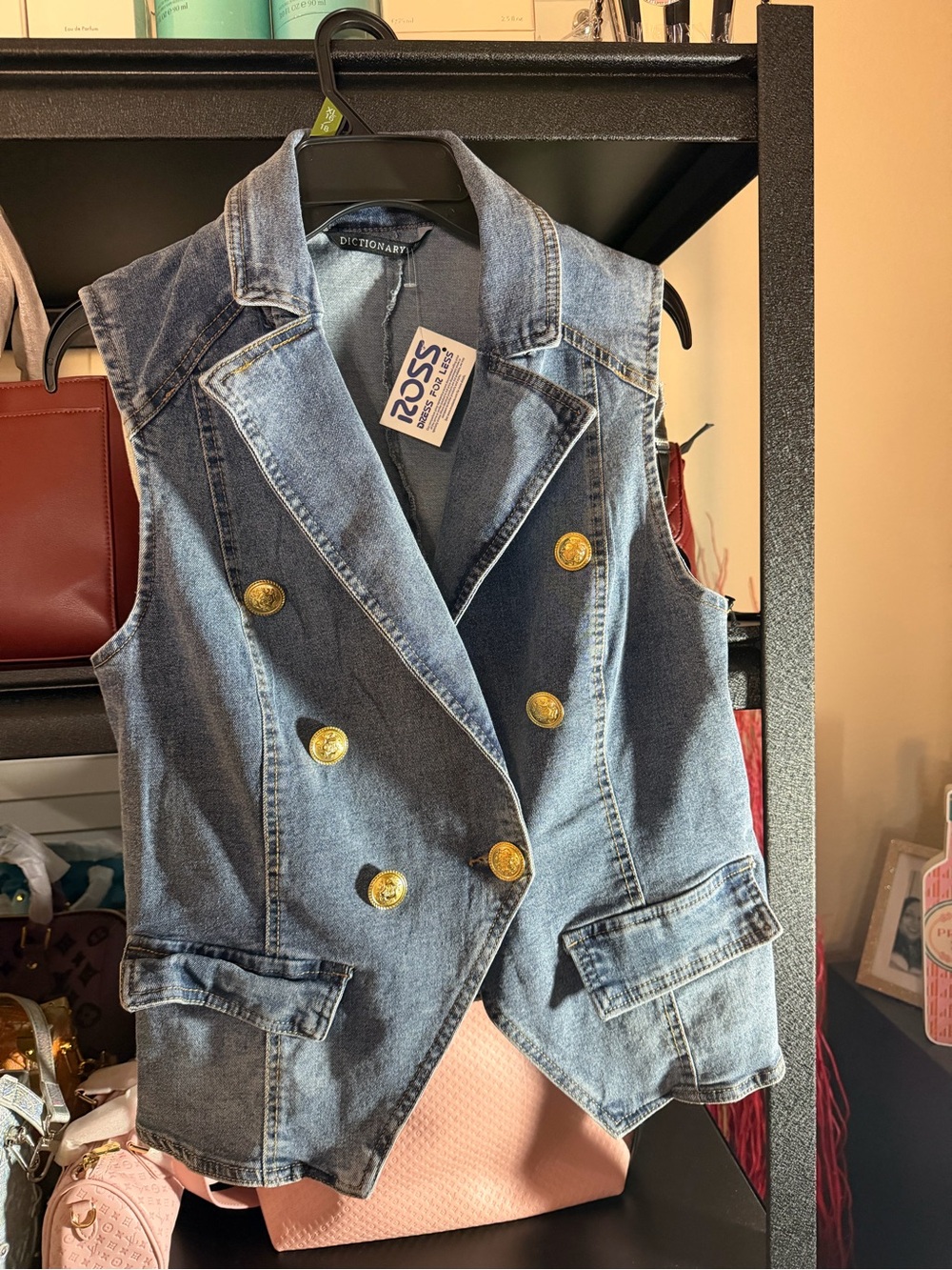 Dictionary Double-Breasted Denim Vest in Blue with Gold Buttons